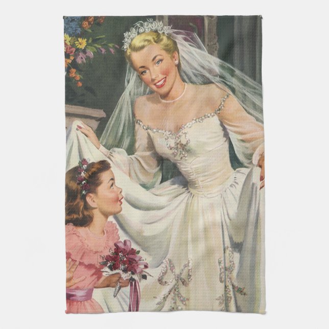 Vintage bröllop, Retro Bride med Flower Girl Kökshandduk (Vertikal)