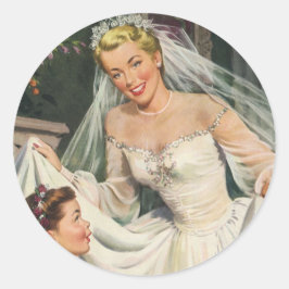 Vintage bröllop, Retro Bride med Flower Girl Runt Klistermärke