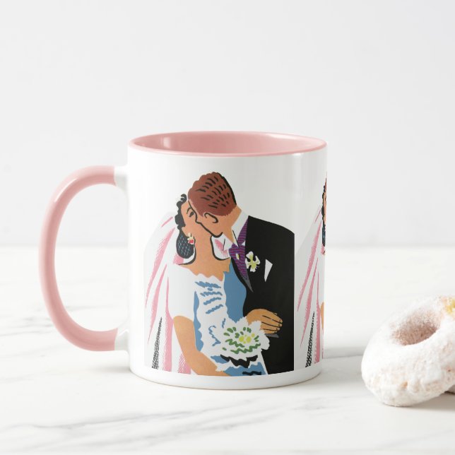 Vintage bröllop, Retro Bride och Groom Kissing Mugg (Med munk)