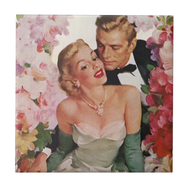 Vintage bröllop, Retro Bride och Groom Newlyweds Kakelplatta (Framsidan)