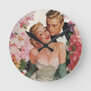 Vintage bröllop, Retro Bride och Groom Newlyweds Rund Klocka