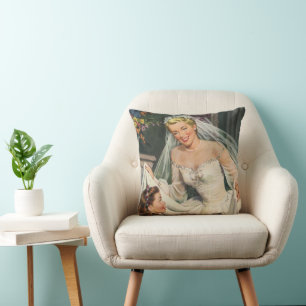 Vintage Bröllop, Retro Brud med Blomsterflicka Kudde