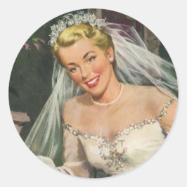 Vintage Bröllop, Retro Brud med Blomsterflicka Runt Klistermärke
