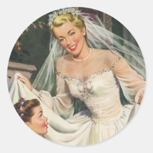 Vintage Bröllop, Retro Brud med Blomsterflicka Runt Klistermärke