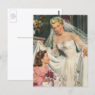 Vintage Bröllop, Retro Brud med Blomsterflicka Vykort