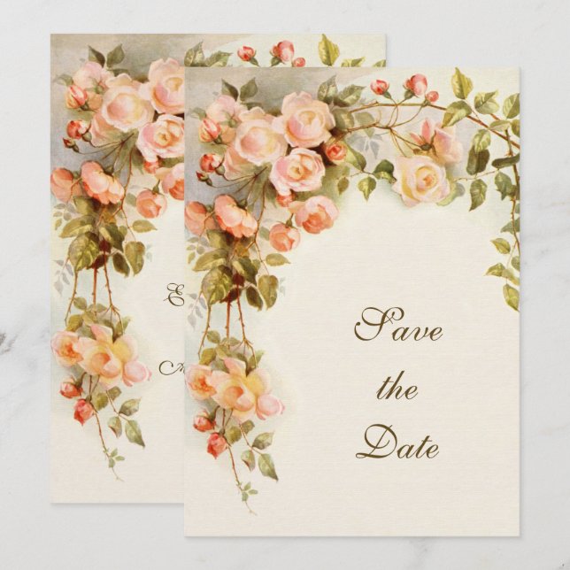 Vintage bröllop, Rosa ros Flowers, Spara datum Datumet (Fram/baksida)