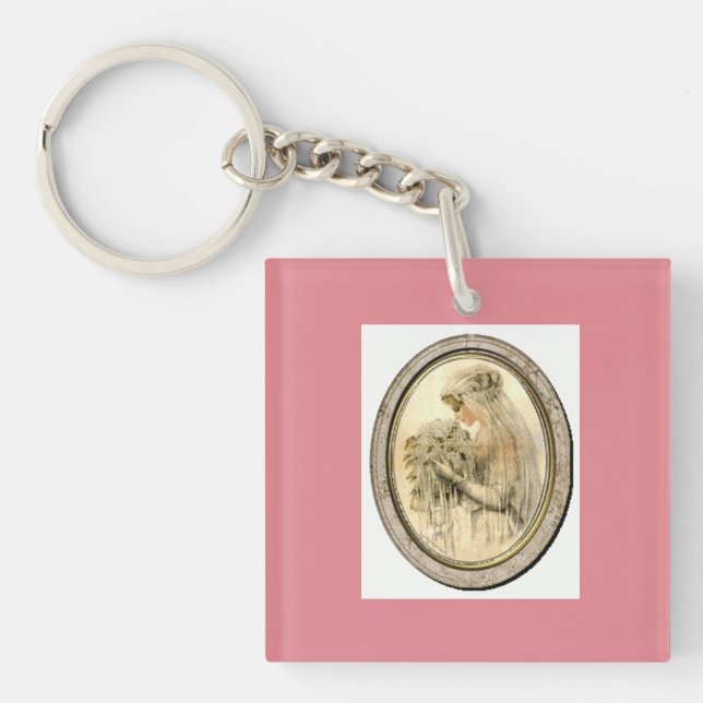 Vintage bröllop rosa tema brud nyckelring (Framsidan)