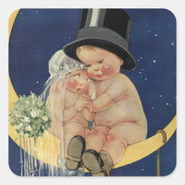 Vintage Bröllop, Söt Brud och Brudgum på en Måne Fyrkantigt Klistermärke