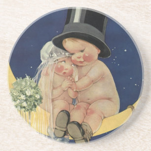 Vintage Bröllop, Söt Brud och Brudgum på en Måne Underlägg Sandsten