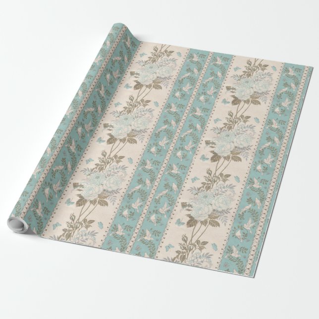 Vintage bröllop Turquise Blommigt Doves Butterflie Presentpapper (Utrullad)