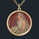 Vintage bröllop, Victorian Bride Möhippa Porträtt Guldpläterat Halsband<br><div class="desc">Vintage illustration av bilden av kärlek och romantik bröllop,  med en brud i hennes bröllop,  och en slöja som håller hennes bröllop bouquet med vita blommor sitta för ett porträtt.</div>