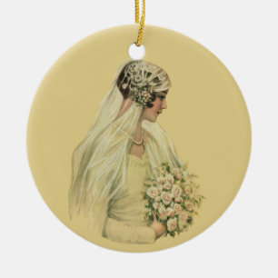 Vintage bröllop, Victorian Bride Möhippa Porträtt Julgransprydnad Keramik