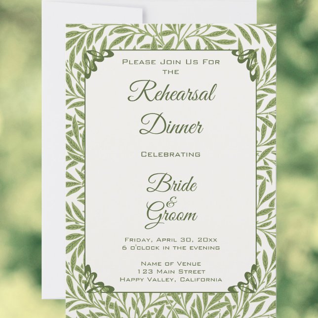 Vintage bröllop, Victorian Willow Löv Mönster Inbjudningar (Vintage Wedding, Victorian Willow Leaves Pattern by William Morris Rehearsal Dinner Invitation)