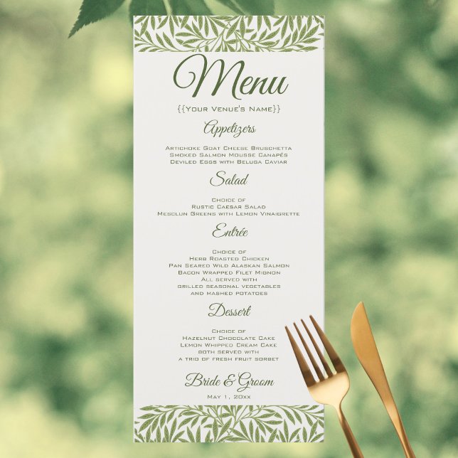 Vintage Bröllop, Victorianiska Pilbladsmönster Meny (Vintage Wedding, Victorian Willow Leaves Pattern by William Morris Wedding Menu Card)