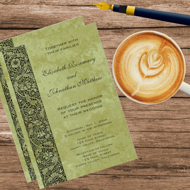 Vintage Bröllop, Viktoriansk Blomma Blommig Rulle Inbjudningar (Victorian Style Floral Scroll Decorative Border with a green background Wedding Invitation)