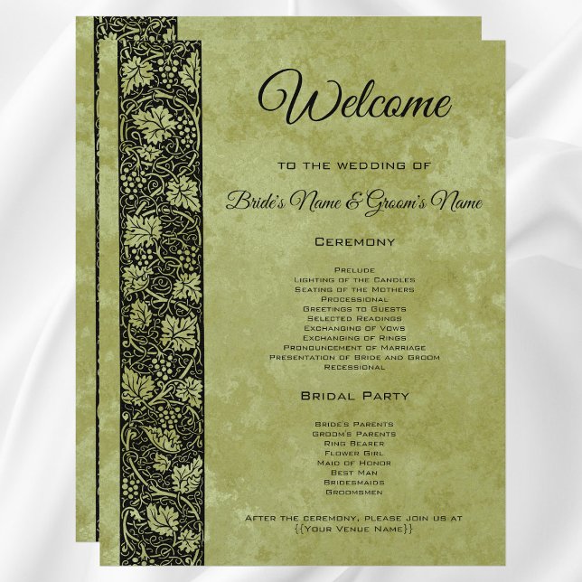 Vintage Bröllop, Viktoriansk Druvvin Program (Vintage Wedding, Antique Victorian Grape Vines Wedding Program)
