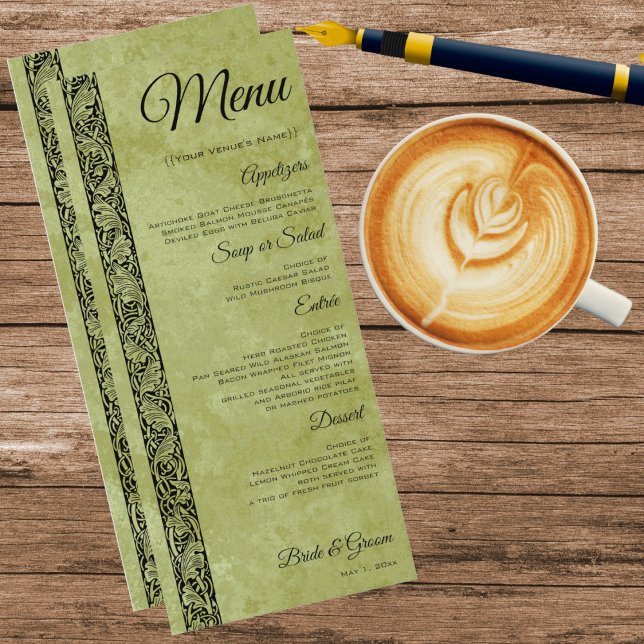 Vintage Bröllop, Viktorianska Blomma Blomster Rull Meny (Victorian Style Floral Scroll Decorative Border with a green background Wedding Reception Menu)