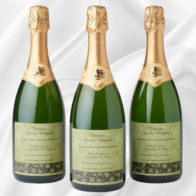 Vintage Bröllop, Viktorianska druvblad (Vintage Wedding, Victorian Grape Vine Leaves Sparkling Wine Label)