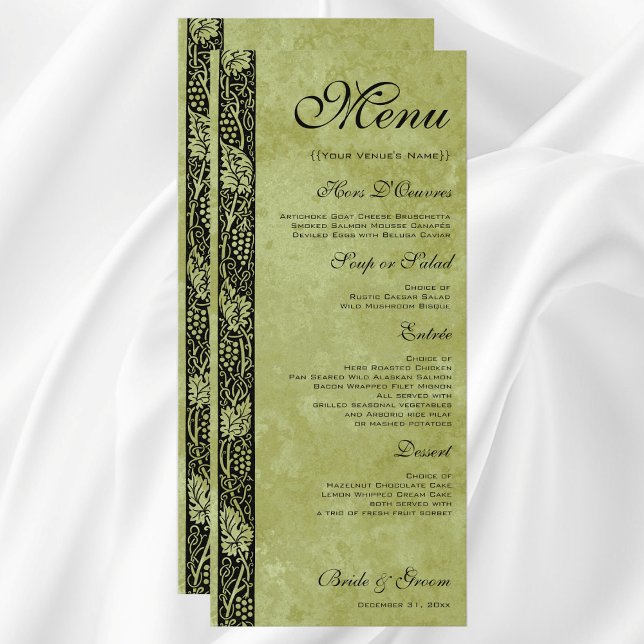 Vintage Bröllop, Viktorianska druvblad Meny (Vintage Wedding, Antique Victorian Grape Vines Customizable Reception Menu)
