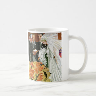 Vintage bröllopsceremoni, brud brudgumme nygifta kaffemugg