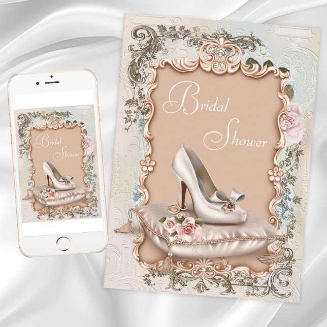 Vintage bröllopsdusch-inbjudningar inbjudningar (Vintage Shoe Bridal Shower Invitations with pretty shoe and vintage background. Digital and Print.)