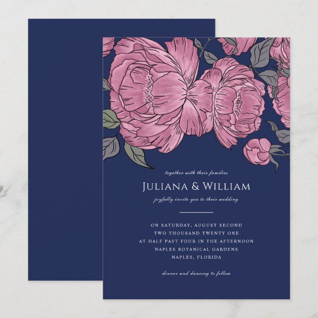 Vintage Bröllopsinbjudan i blått Inbjudningar (Fram/baksida)