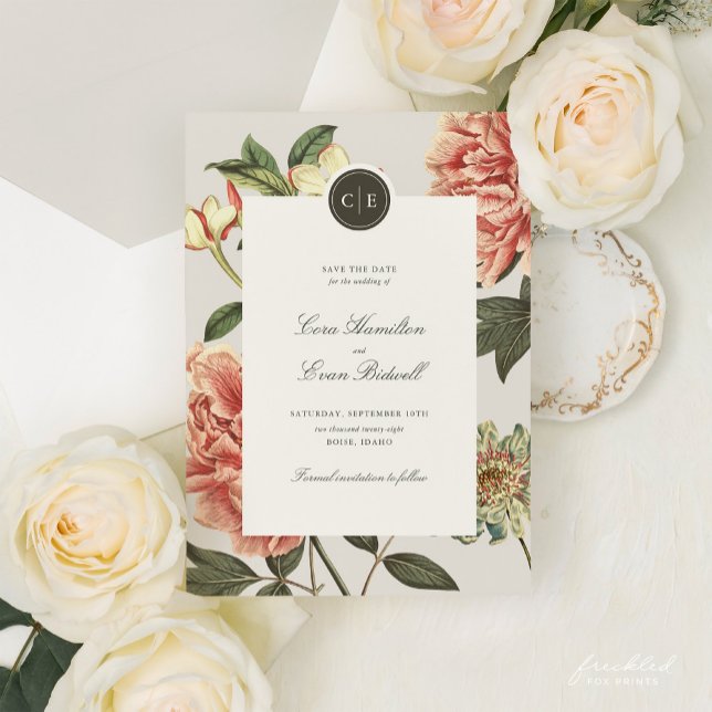 Vintage Bröllopsinbjudan med Blommönster Spara Datumet (Cora Vintage Floral Save the Date card)