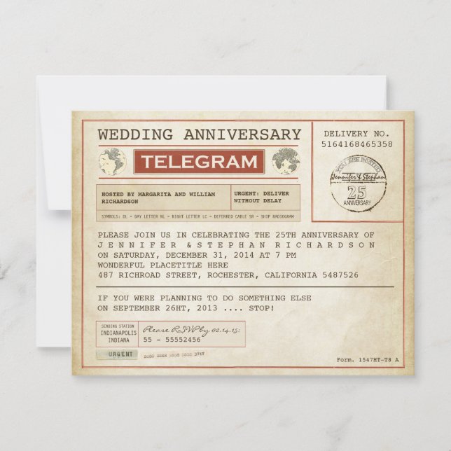 vintage bröllopsjubileum telegram inbjudan (Framsida)