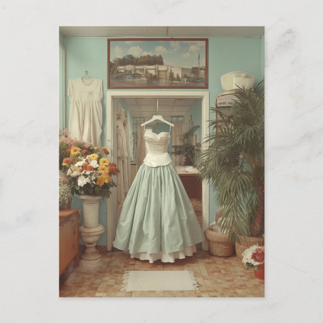 Vintage bröllopsklänning butik inredningsscen vykort (Framsida)
