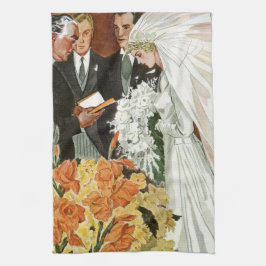 Vintage bröllpsceremoni med brud och brudgum kökshandduk