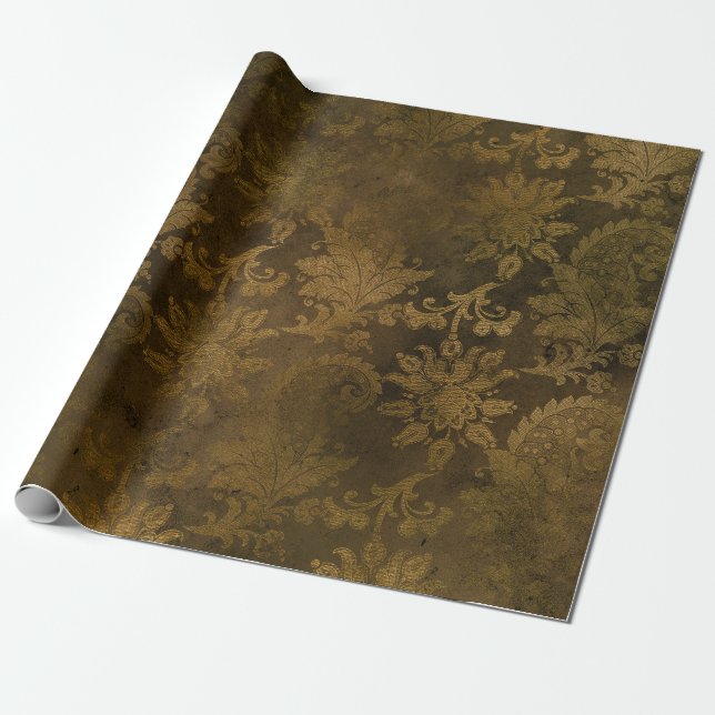 Vintage Bronze Guld Damask Presentpapper (Utrullad)