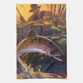Vintage Brook Trout Fish Fisherman, sportfiske Kökshandduk