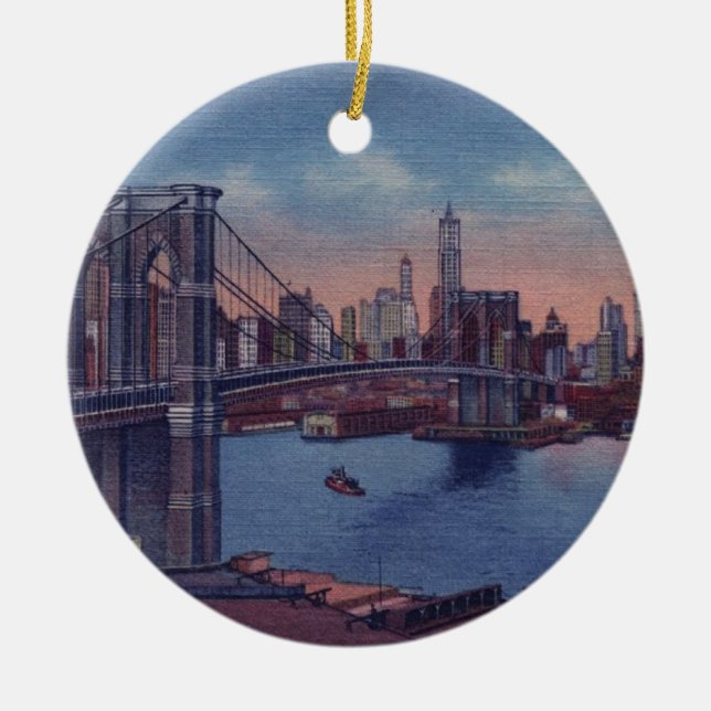 Vintage Brooklyn Bridge Julgransprydnad Keramik (Framsidan)