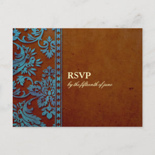 Vintage Brown & Blue Damask Snöre Bröllop OSA Inbjudan Vykort