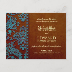 Vintage Brown & Blue Damask Snöre Spara datum Datumet