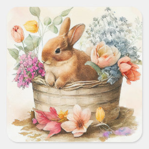 Vintage Brown Bunny Rabbit Basket Flowers Påsk Fyrkantigt Klistermärke