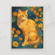 Vintage Brown Cat Botanical Blue Porträtt Van Gogh