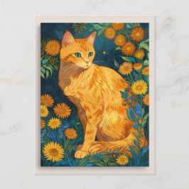 Vintage Brown Cat Botanical Blue Porträtt Van Gogh Vykort