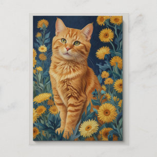 Vintage Brown Cat Botanical Blue Porträtt Van Gogh Vykort