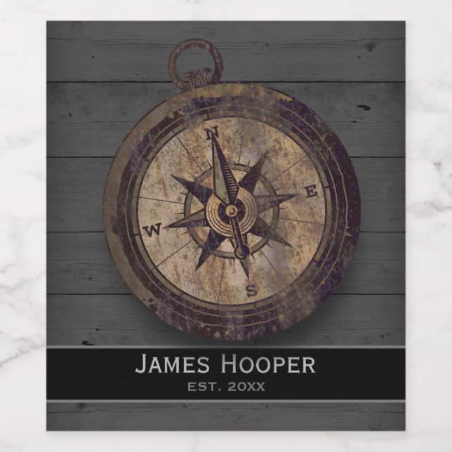 Vintage Brown Compass Vinflaska Etikett (Singel etikett)