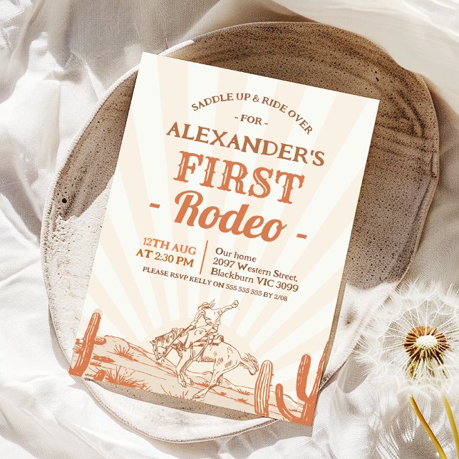 Vintage Brown Cowboy 1st Rodeo Birthday Inbjudningar (Boys Retro First Rodeo 1st Birthday Invitation, Cowboy 1st Birthday Invite, Cowboy Themed Western)