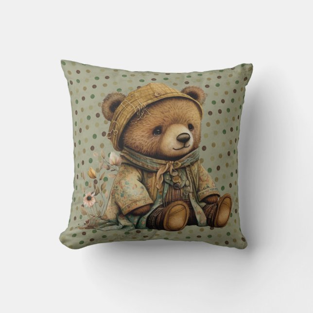 Vintage Brown Nalle och polkadoter Kudde (Framsida)