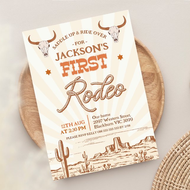 Vintage Brown Orange 1st Rodeo Birthday Inbjudningar (Vintage First Rodeo 1st Birthday Invitation Boy, 1st Rodeo Birthday Invitation Western Cowboy Invite)