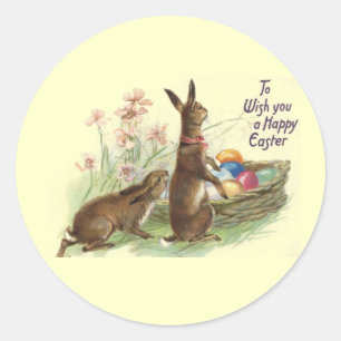 Vintage Brown Påsk Rabbits Eggs i Basket, ZSSG Runt Klistermärke