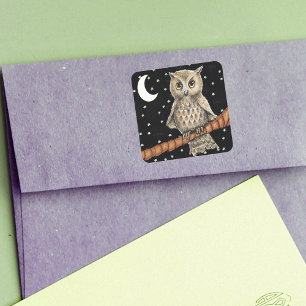 Vintage Brown Uggla Necklace Crescent Måne Stars Fyrkantigt Klistermärke