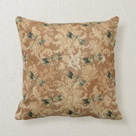 Vintage Brun Damas Floral Gröna Trollsländor Kudde