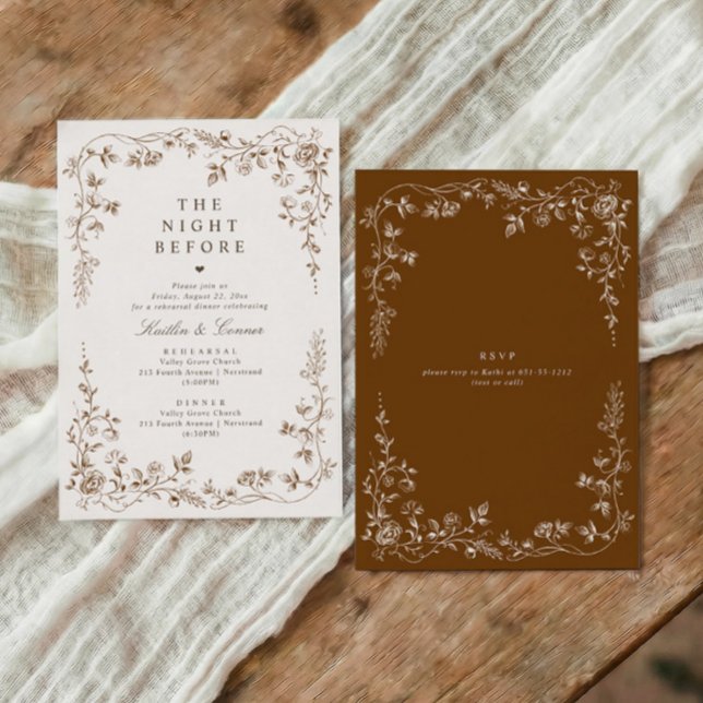 Vintage Brun Fransk Blommig Övningsmiddag Inbjudningar (Vintage French rehearsal dinner invitation the night before with chinoiserie floral frame)