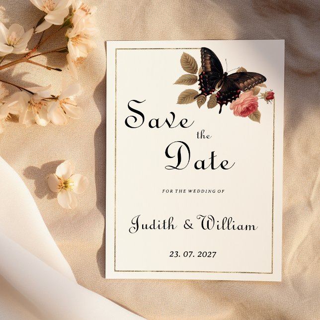 Vintage brun guld rosa-fjäril Spara datum Inbjudningar (Vintage brown gold pink butterfly Save the Date )