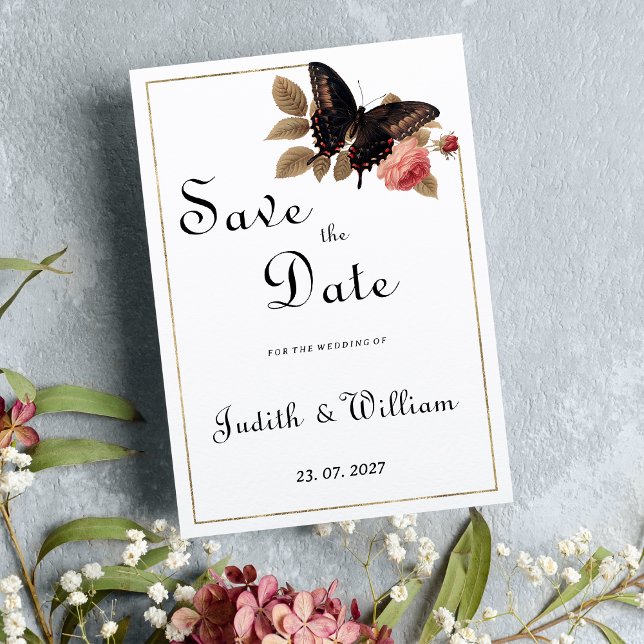 Vintage brun guld rosa-fjäril Spara datum Inbjudningar (Vintage brown gold pink butterfly Save the Date)