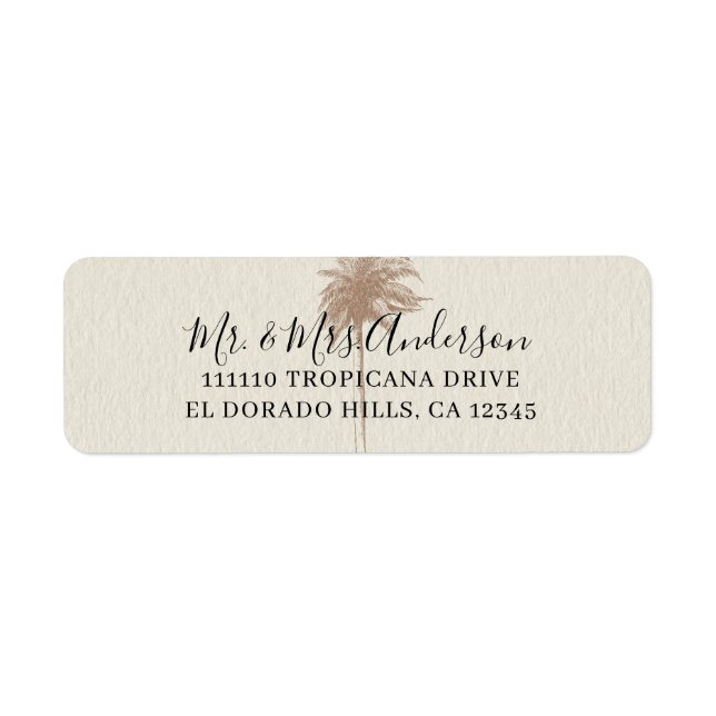 Vintage Brun Palmträd Strandbröllop Returadress Etikett (Framsidan)